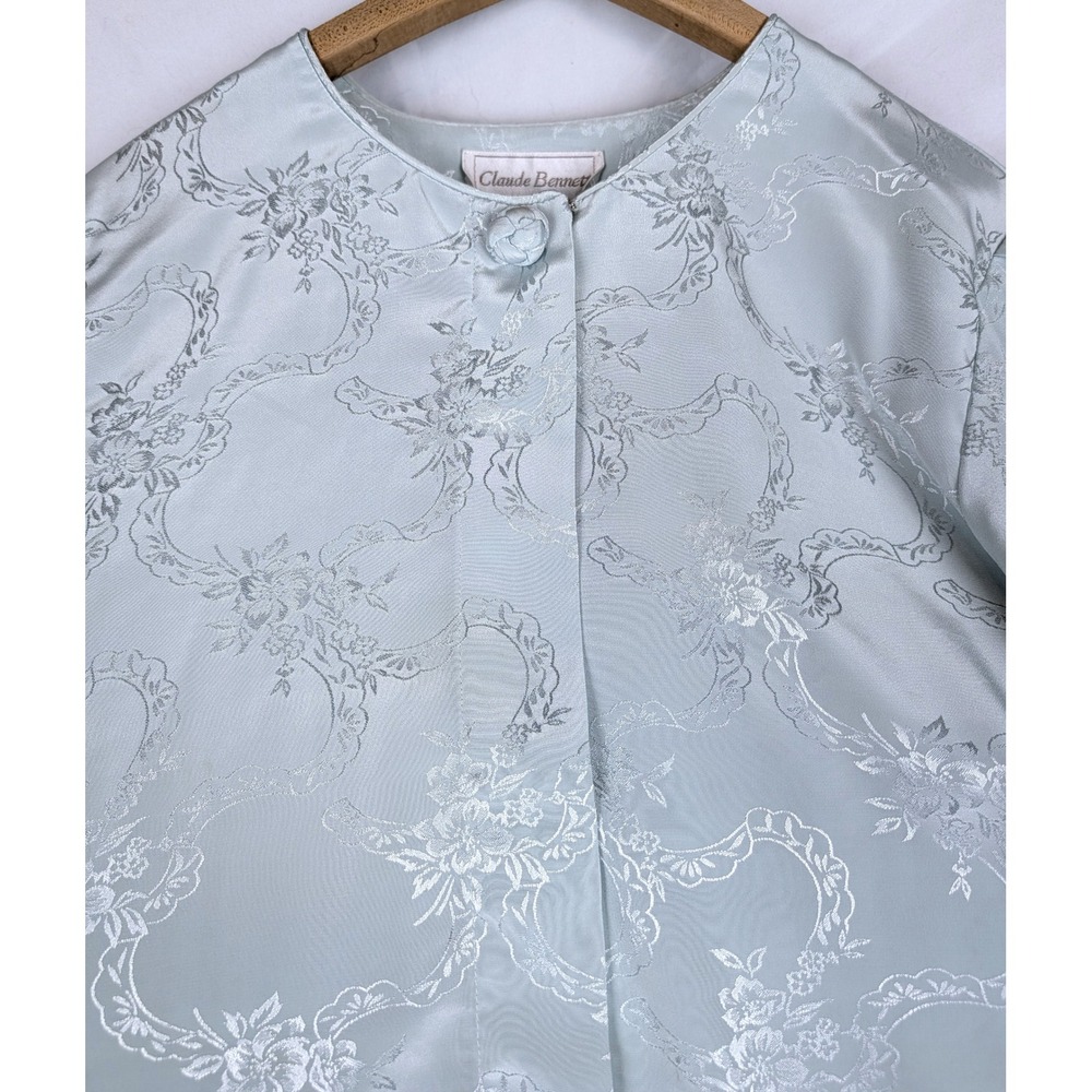 Claude Bennett Vintage Sea Mist Green Floral Satin Jacquard Blouse Top Size 10